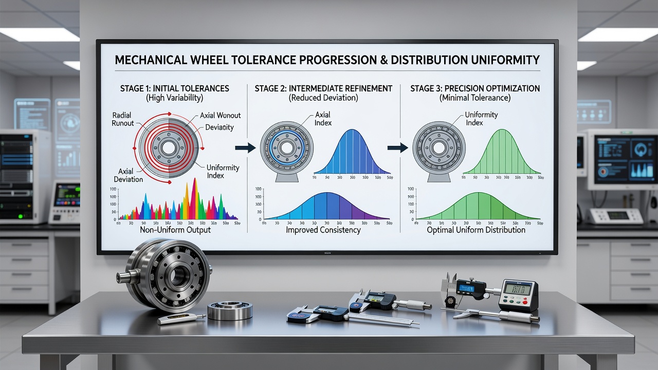 Vergleichsdiagramm mechanischer Roulette-Räder mit Toleranzmessungen und Verteilungsdiagrammen