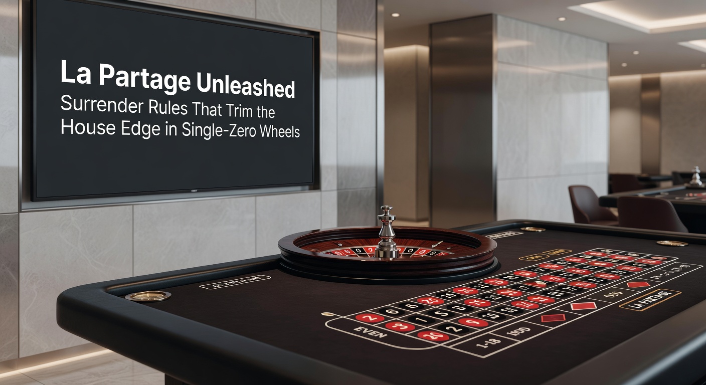 Detaillierte Grafik einer La-Partage-Auszahlung am Roulette-Tisch, mit Croupier, der die Hälfte eines Einsatzes zurückgibt, und mathematischen Berechnungen im Hintergrund